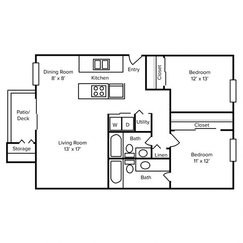 Floor plan for 2 beds, 2 baths, 1034 sqft